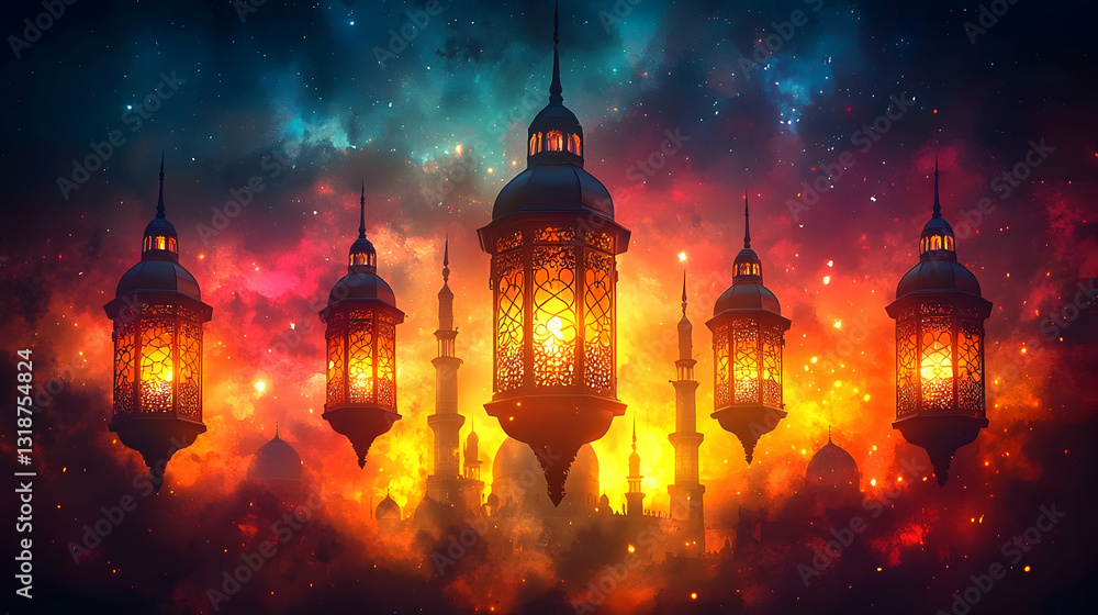 Fototapeta premium Luminous Eid Lanterns and Mosque Silhouette Against a Starry Night