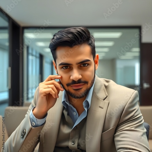 Esta es una buena foto para Photoshop y un hombre hispano se prepara para una reunión solo en la oficina.