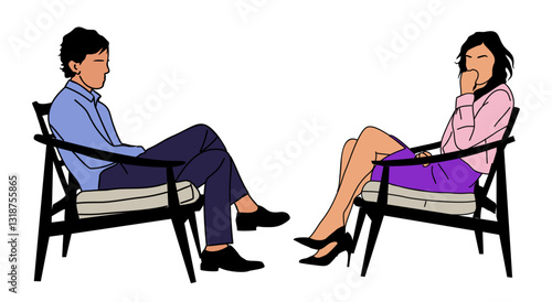 Man and woman sitting in armchairs in offended pose after quarrel or disagreement not wanting to communicate. Angry, arguing, breakdown or divorce people. Hand drawn style vector design illustration.
