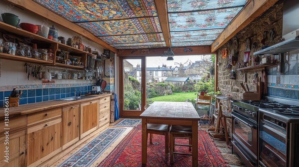A cozy kitchen extension with a patterned polycarbonate roof for a decorative touch. A cozy kitchen extension with a patterned polycarbonate roof for a decorative touch.