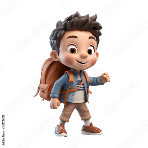 A cartoon boy is walking with a backpack on isolated on transparent background