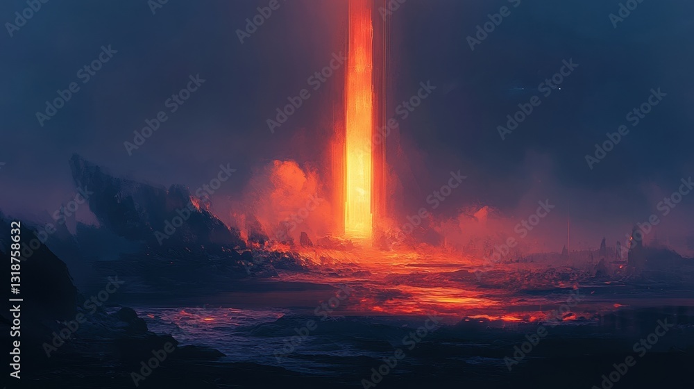 Fototapeta premium A fiery red and orange eruption in a desolate landscape.