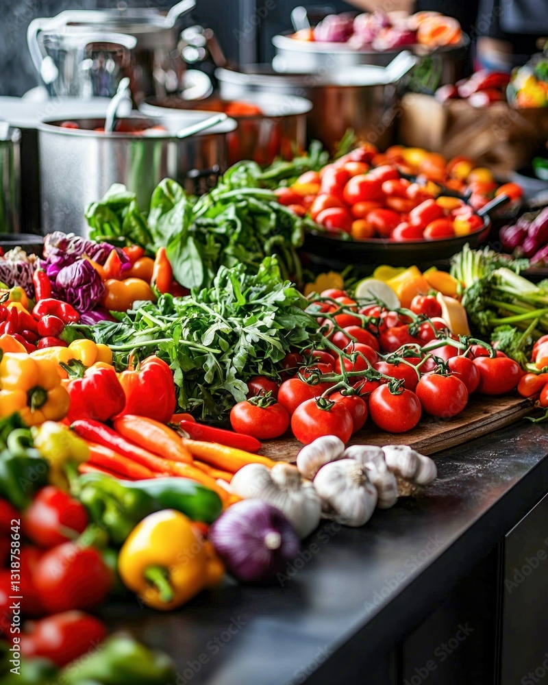 A vibrant display of fresh vegetables sits on a dark countertop, ready for culinary creations. A vibrant display of fresh vegetables sits on a dark countertop, ready for culinary creations.
