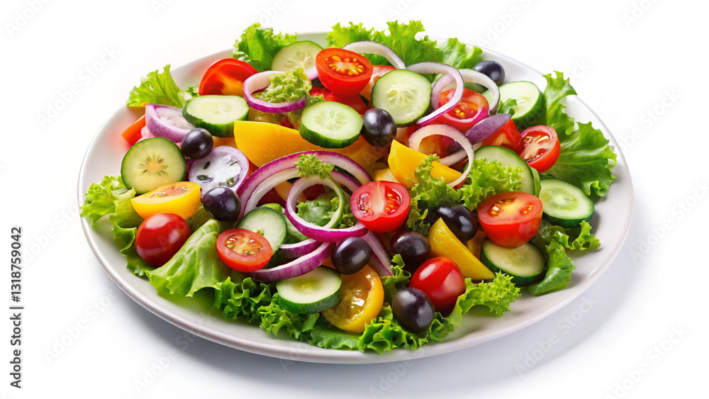 Top view of a fresh vegetable salad, vibrant colors on a white plate. Top view of a fresh vegetable salad, vibrant colors on a white plate.