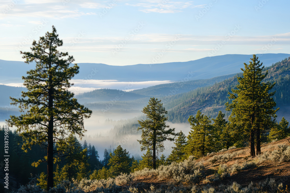 A Serene Landscape with Trees in the Morning Fog A Serene Landscape with Trees in the Morning Fog