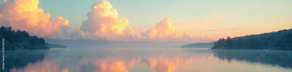 Fototapeta premium Soft golden clouds float gently above a serene lake, water, clouds