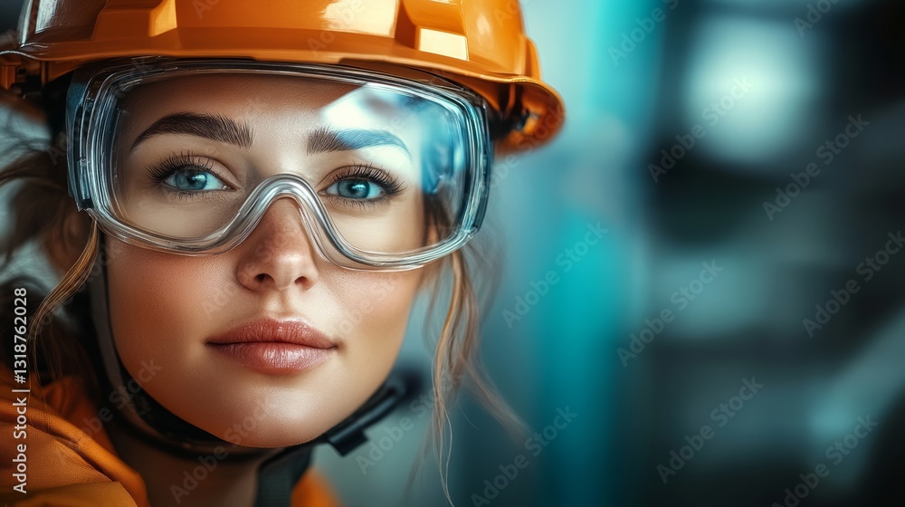 Woman wearing a yellow helmet and safety glasses. She is smiling and looking at the camera. Concept of confidence and professionalism Woman wearing a yellow helmet and safety glasses. She is smiling and looking at the camera. Concept of confidence and professionalism