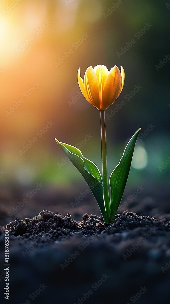 Obraz premium A small yellow flower is growing in the dirt