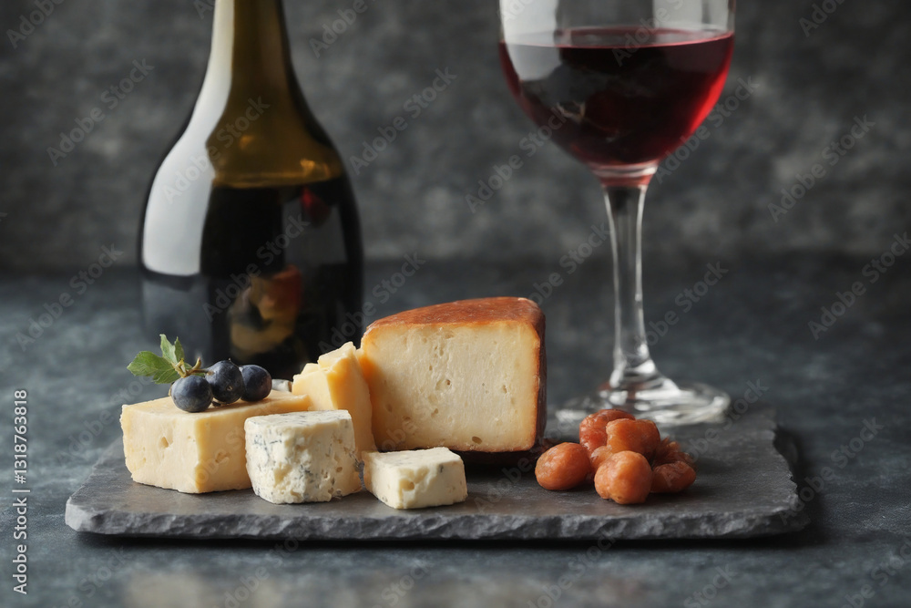 Assorted Cheeses, Red Wine, and Grapes on a Slate Board Against Dark Background Assorted Cheeses, Red Wine, and Grapes on a Slate Board Against Dark Background