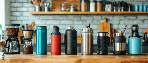 Wallpaper Mural Various reusable water bottles and coffee makers sit on a kitchen counter Torontodigital.ca