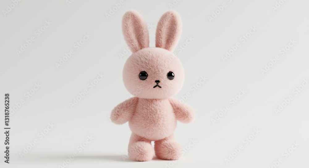 Obraz premium Soft pink plush bunny toy stands gently against bright white background. AI Generated