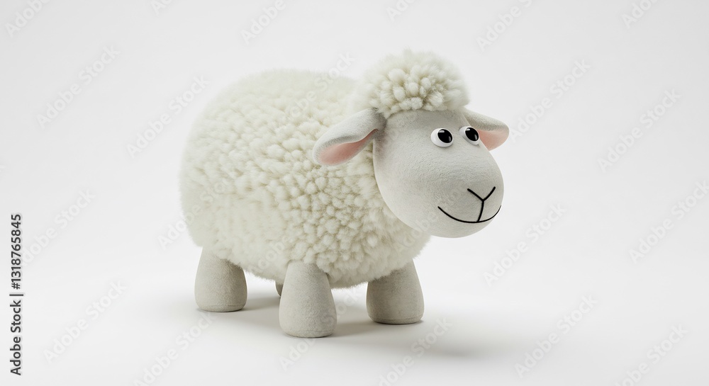 Fototapeta premium Plush Sheep Toy Softly Lit Against White Background. AI Generated