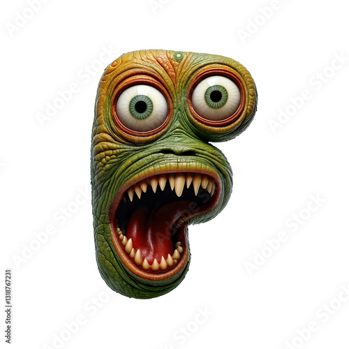 A green, bumpy monster shaped like the letter F. With warts, boils, and two mismatched eyes — one bigger than the other — it’s creepy yet funny. 