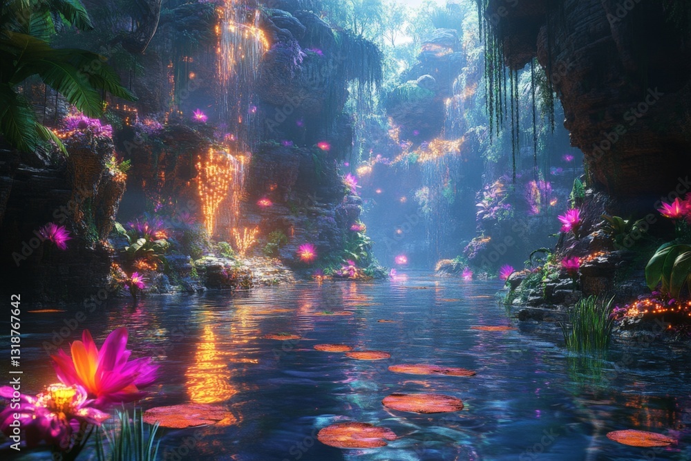 Fototapeta premium Luminous water garden filled with vibrant flowers and waterfalls under a mystical atmosphere during the twilight hours