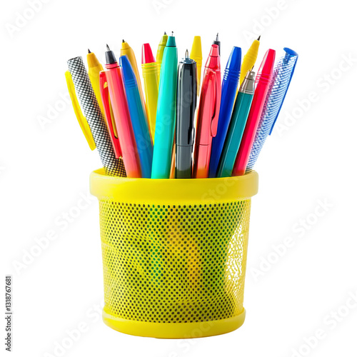 Colorful pens in a yellow pen holder, isolated on a transparent background