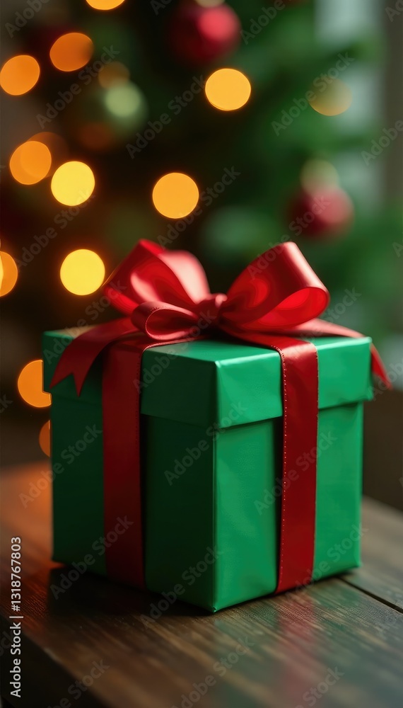 Green gift box adorned with red bow against warm ambient light, christmas, green, bow Green gift box adorned with red bow against warm ambient light, christmas, green, bow