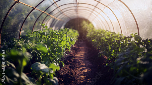 Lush greenery inside sunlit greenhouse tunnel with thriving plants