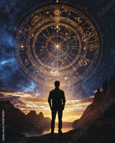 Person gazing at a star-filled sky adorned with zodiac symbols, cosmic wonder, celestial connection, night-time serenity