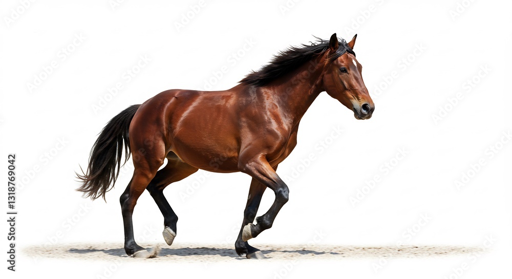 Fototapeta premium Brown Horse Galloping Dynamically Bright Sunlight. AI Generated