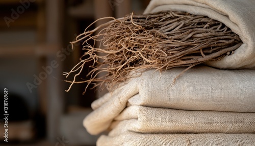 Discover the understated beauty of an earthy still life, showcasing the raw textures of dried roots intertwined with the solid permanence of natural stones, all softly draped across handcrafted