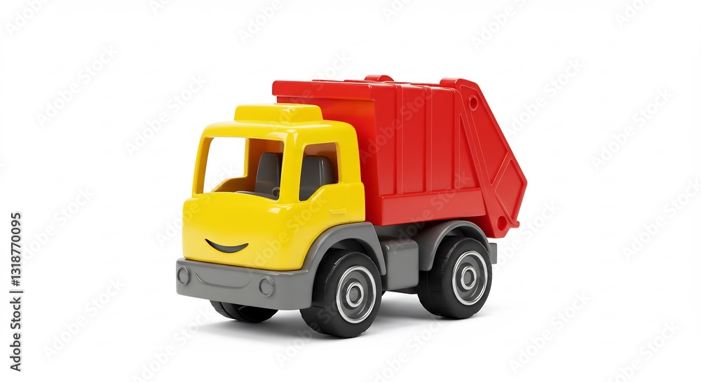 Brightly colored toy dump truck gleams under studio lighting. AI Generated Brightly colored toy dump truck gleams under studio lighting. AI Generated