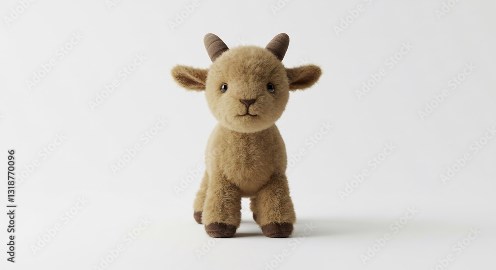 Fototapeta premium Adorable plush goat toy softly lit against white background. AI Generated