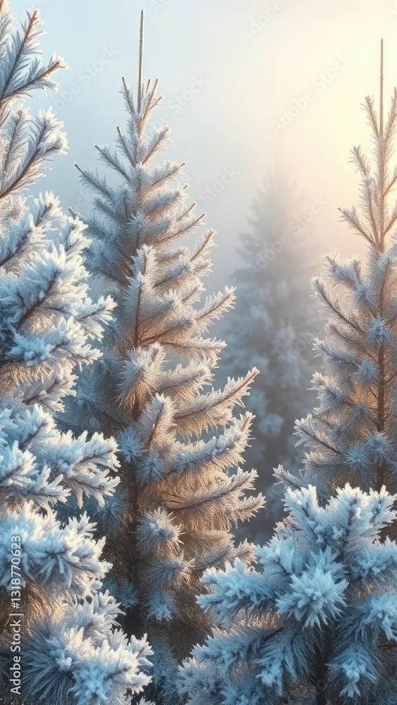 Frosty morning mist envelops the spruce trees, icy, branches Frosty morning mist envelops the spruce trees, icy, branches