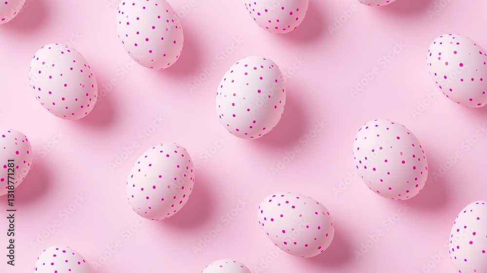 Stylish Easter pattern featuring pink polka-dotted eggs on a soft pink background, perfect for holiday-themed designs. Stylish Easter pattern featuring pink polka-dotted eggs on a soft pink background, perfect for holiday-themed designs.