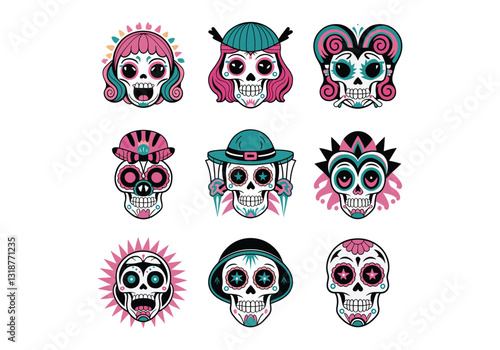 Creative Skull Icons Vector Colorful Decorative Designs  Download this unique vector set of sugar skull characters! Perfect for Day of the Dead designs, tattoos, and more. Colorful, decorative, and in