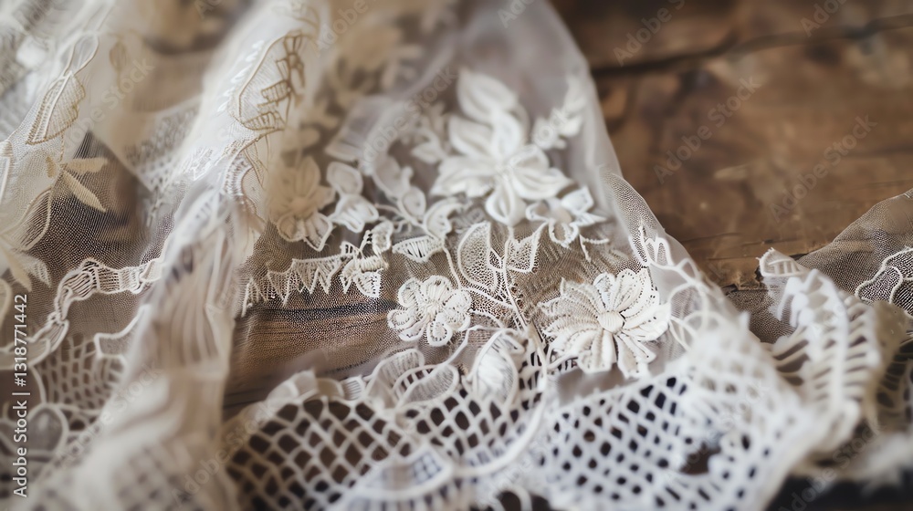 Fototapeta premium A close-up of delicate white lace with floral patterns, lying on a rustic wooden surface.