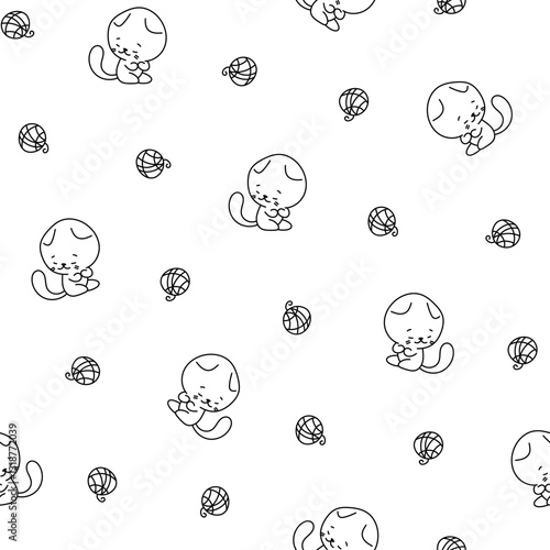 Cute cat character. Seamless pattern. Coloring Page. Kawaii cartoon kitten. Vector drawing. Design ornaments.