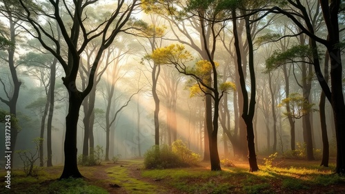 Eucalyptus forest with misty veil rising from the ground, forest floor, fog