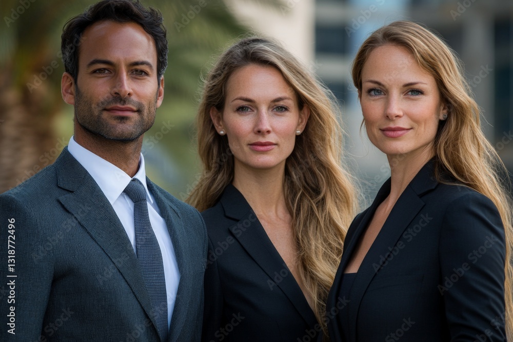 Three professionals standing confidently outdoors in smart attire during a sunny day Three professionals standing confidently outdoors in smart attire during a sunny day