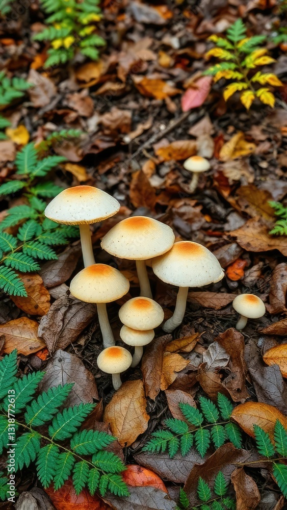 Edulis mushrooms growing among the undergrowth on a forest floor covered in autumn leaves and ferns, forest floor, mycology, fungi Edulis mushrooms growing among the undergrowth on a forest floor covered in autumn leaves and ferns, forest floor, mycology, fungi