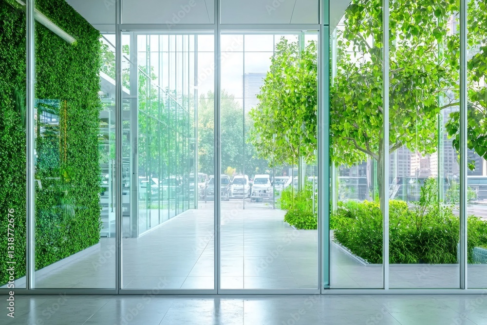 Modern office green wall & tree view through glass Modern office green wall & tree view through glass