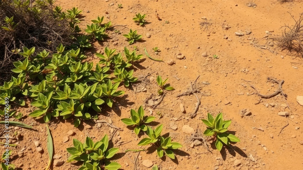 Earthy tones with a scattering of green leaves, desert landscape, overgrown vegetation, dry ground Earthy tones with a scattering of green leaves, desert landscape, overgrown vegetation, dry ground