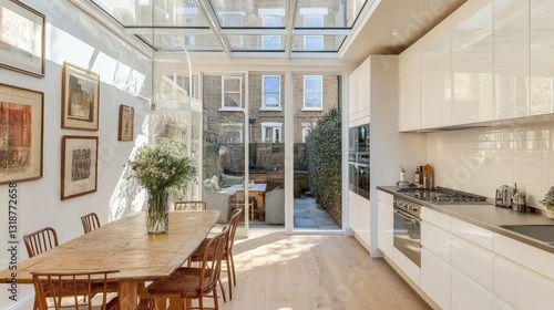 A well-lit kitchen extension with a transparent roof blending into the overall home design.
