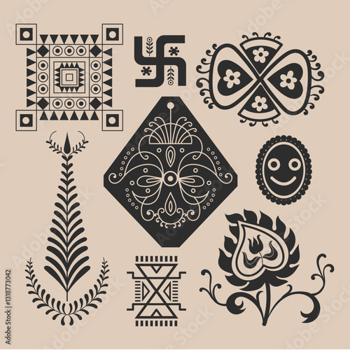 Tribal symbol, flat tattoo ethnical symbol, indian culture ancient decorative icon elements. Modern Spiritual ornament illustration, vintage and antique silhouette, Asian art, lucky talisman charm 