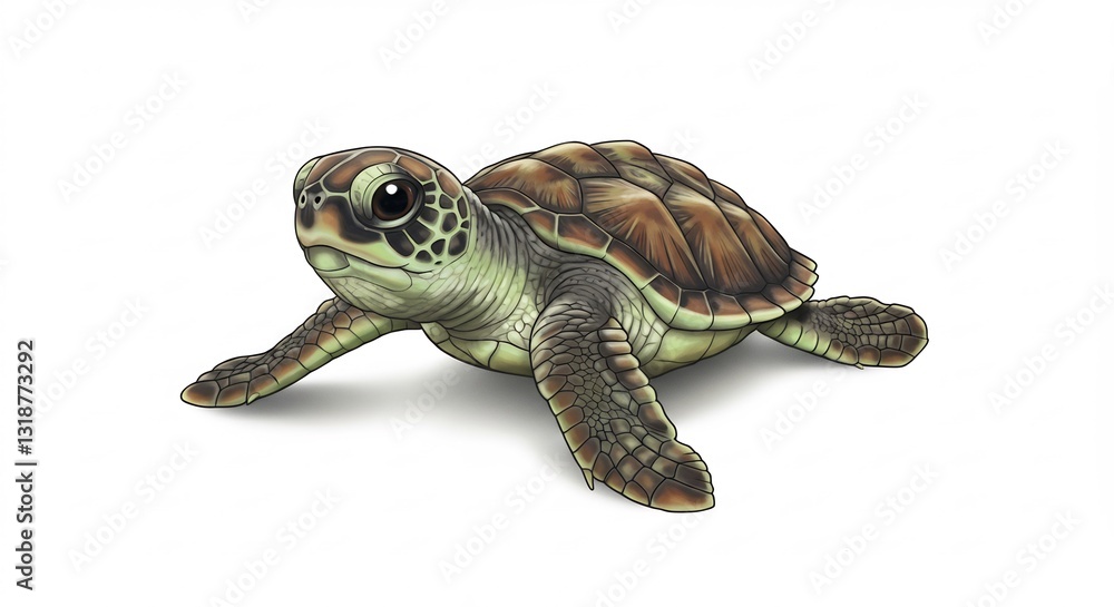 Obraz premium Adorable baby sea turtle crawls on white background soft light. AI Generated