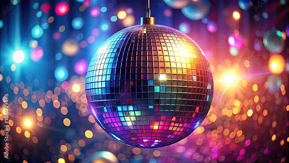 Fototapeta premium A vibrant, suspended disco ball glows, 80s sci-fi style. Deep focus highlights its retro-futuristic sheen.