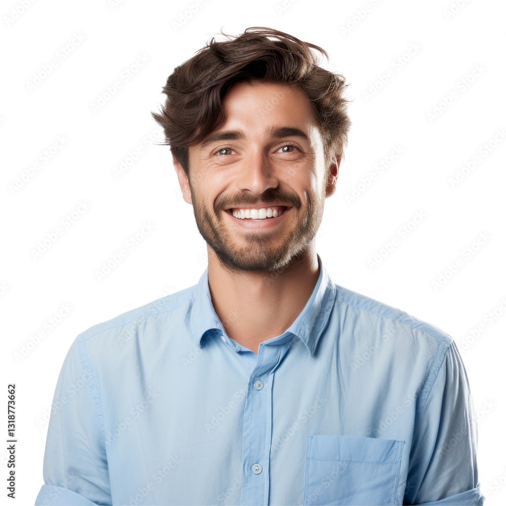 Fototapeta premium A man with a blue shirt and a mustache is smiling isolated on transparent background