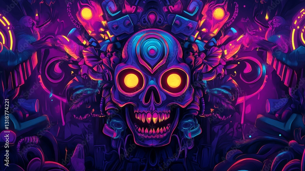 voodoo themed banner for rock band Voodoo style, Dark DMT Voodoo Skull, insane detail, neon lighting and photorealistic voodoo themed banner for rock band Voodoo style, Dark DMT Voodoo Skull, insane detail, neon lighting and photorealistic