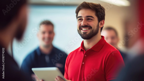 A smiling young sales consultant in a red polo shirt holds a tablet while assisting customers in a technique store. The blurred background highlights a professional and friendly interaction.