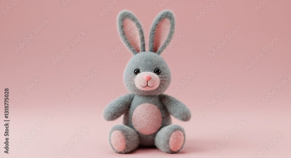 Obraz premium Soft gray plush bunny sits sweetly against a pale pink background bathed in soft light. AI Generated