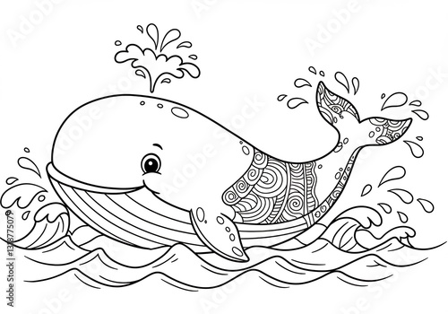 Playful whale joyfully swims ocean waves intricate line art design. AI Generated photo