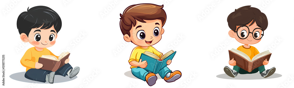 A cute cartoon boy reading book, transparent background A cute cartoon boy reading book, transparent background