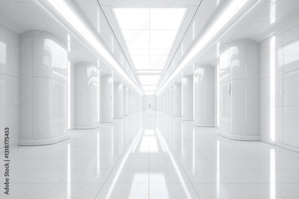 Modern corridor with white walls and glowing lights creates a futuristic atmosphere Modern corridor with white walls and glowing lights creates a futuristic atmosphere