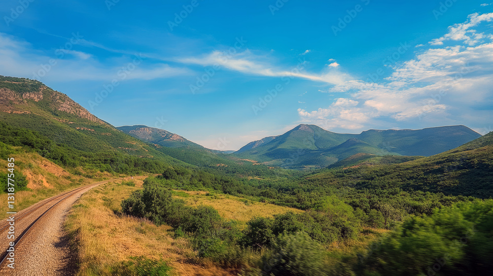 Lush green mountains and railway under clear blue sky Lush green mountains and railway under clear blue sky