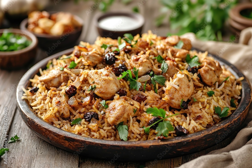 Flavorful rice dish with chicken, nuts, and herbs on a wooden plate Flavorful rice dish with chicken, nuts, and herbs on a wooden plate