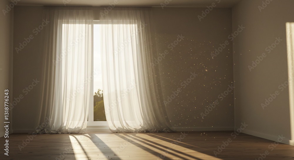 Fototapeta premium Warm sunlight streams through sheer curtains illuminating empty room. AI Generated